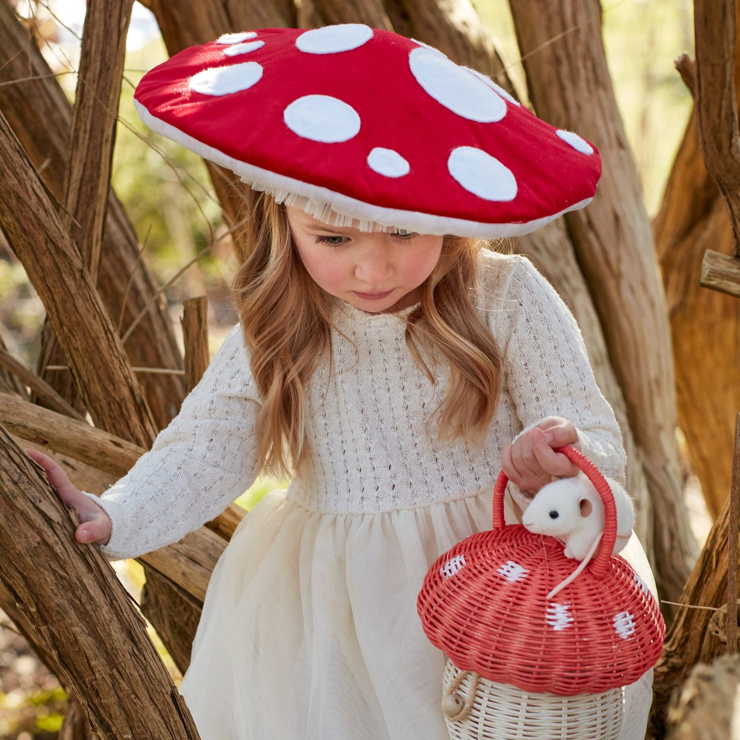 Girl wearing mushroom hat
