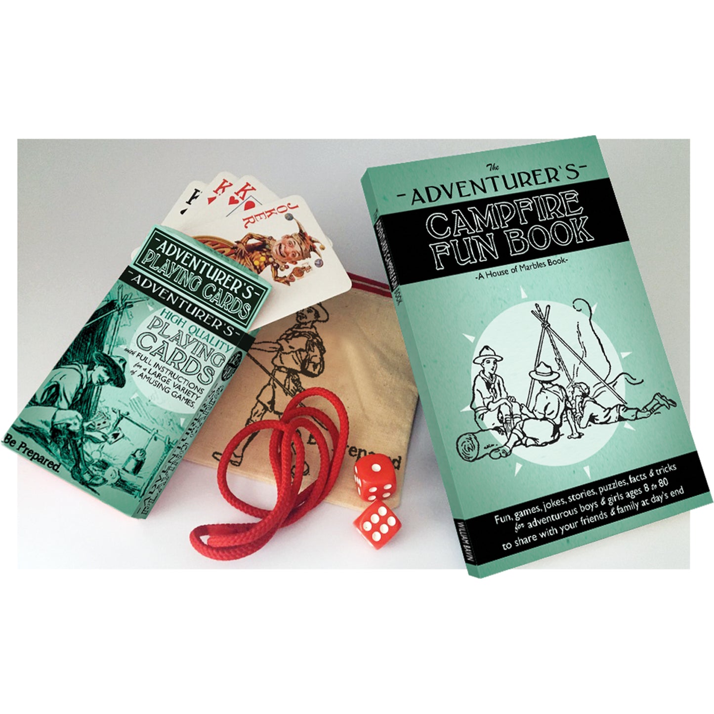 Campfire Fun book, playing cards, dice and string