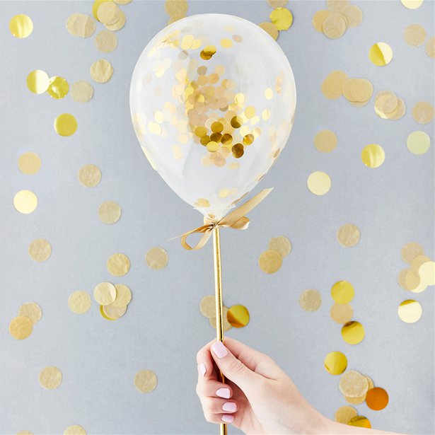 Mini Gold Confetti Balloon Wands - 5 pack