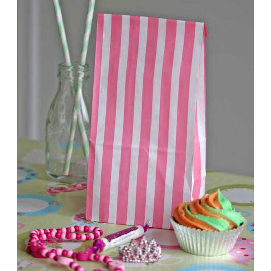 Paper Party Bags - Block Bottom Pink Stripes - 10pk